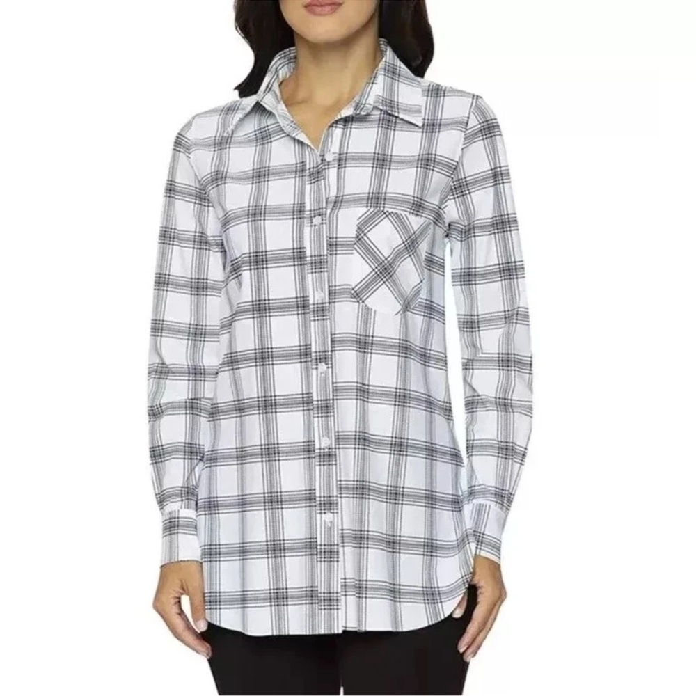 LYSSE womens size S Schiffer white black plaid button down stretch collared